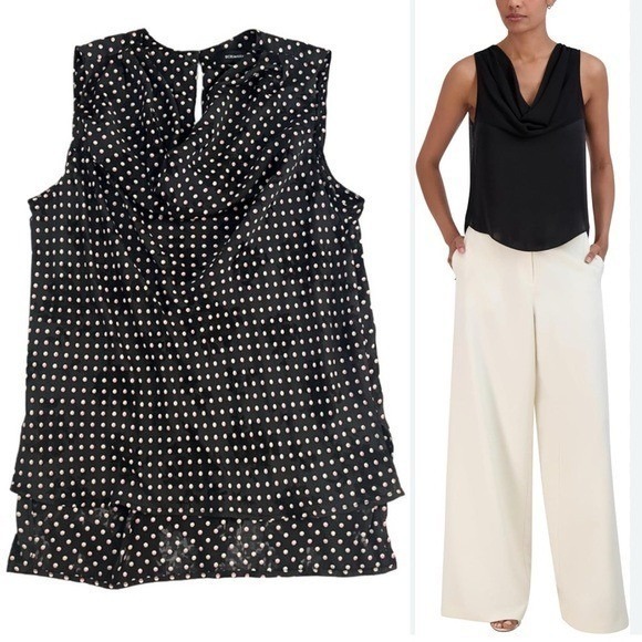 BCBGMaxAzria Black Waterfall Top Blouse Pink White Polka Dot Floral M - Picture 1 of 11